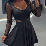 Women's Glitter Mesh Dress Lace Patchwork Sheer Mini Dress Sexy High Waisted A Line Party Dress