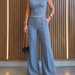 2 Pieces Outfit O-neck Sleeveless Padded Shoulders Cinched Waist Crop Top and Elastic Waist Seam Front Wide Leg Pants Set