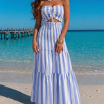 Women's Striped Tube Maxi Dress Sexy Cutout Bodycon Mermaid Dress Ruched Shirred Drawstring Vacation Dress