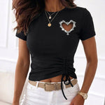 Women's Heart Cutout Rhinestone T-Shirt Short Sleeve Side Drawstring Ruched Top Slim Fit Sparkly Party Tee