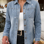 Women's Rhinestone Denim Jacket Washed Button-Down Shacket Sparkling Loose Fit Long Sleeve Casual Outerwear