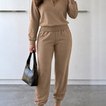 2 Pieces Outfit High Neck Half Zip Drop Shoulder Top and Drawstring Elastic Waist Slim Fit Jogger Pants Set Casual Tracksuit