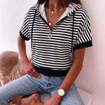 Women's Striped Half Zip Drawstring Hoodie Short Sleeve Sweatshirt Loose Contrast Trim Casual Pullover Top
