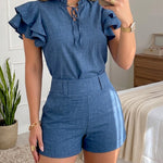 Women's Denim Look Two Piece Set Ruffle Short Sleeve Tie Neck Top and High Waist Shorts Casual Matching Set