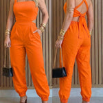 Women's Elastic Straps Jumpsuit Sexy Backless Cutout Square Neck Cami Overalls High Waist Tied Back Cuffed Jumpsuit
