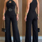 Rhinestone Decor Criss Cross Halter Sleeveless Hollow Water Drop Front Overalls Elegant High Waist Zipper Back Jumpsuit with Rhinestone Decor Belt