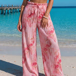 Women's Tie Dye Print Pleated Wide Leg Pants High Waisted Flowy Palazzo Pants Drawstring Lounge Pants with Pockets