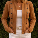 Double Breasted Decor Stand Collar Open Front Faux Suede Jacket Casual Coat