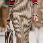 Long Sleeves Skinny Contrast Color Striped High Neck Midi Dresses Sweater Dresses