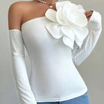Long Sleeves Skinny Solid Color Three-Dimensional Flower One-Shoulder T-Shirts Tops