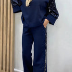 Stylish Sequined Loose-fitting Crew Neck Top and Casual Pocket Wide-leg Pants Set