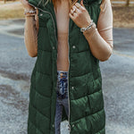 Hooded Pocketed Quilted Long Vest Coat