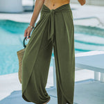 Nadorine Casual High Waisted Flowy Wide Leg Pants Bowtie Front Split Wrap Pants Trousers