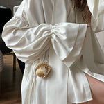 Flared Sleeves Long Sleeves Double Layered Elasticity Solid Color Tied V-Neck Blouses&Shirts Tops