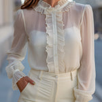 Ruffled Sheer High-Neck Chiffon Blouse