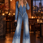 Boho Fringe Hem Zip Front V-Neck Long Sleeve Faded Wide Leg Denim Jumpsuit