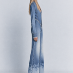Boho Fringe Hem Zip Front V-Neck Long Sleeve Faded Wide Leg Denim Jumpsuit
