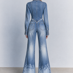 Boho Fringe Hem Zip Front V-Neck Long Sleeve Faded Wide Leg Denim Jumpsuit