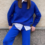 Solid Color Knitted Two Pieces Turtleneck Sweater Set Loose Top + Slit Trouser Pants
