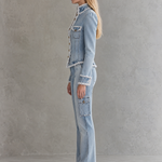 Chic Corset Fitted Frayed Trim V-Neck Light Wash Button Front Denim Jacket