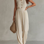 Bohemian Chiffon Pleated Shirt Collar Sleeveless Jumpsuit