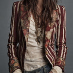 Bohemian Striped Blazer with Floral Print in Cotton and Linen