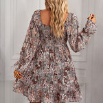 Ribbed Long Sleeve Chiffon Dress Crewneck Elegant Batwing Bohemian Floral Printed Dress