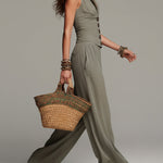 Retro Cotton And Linen Fitted Vest & Wide-leg Pants Set
