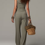 Retro Cotton And Linen Fitted Vest & Wide-leg Pants Set