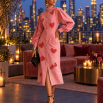 Romantic Western Pink Heart Print Puff Sleeve Button Front Denim Midi Dress