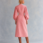 Romantic Western Pink Heart Print Puff Sleeve Button Front Denim Midi Dress