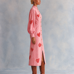 Romantic Western Pink Heart Print Puff Sleeve Button Front Denim Midi Dress