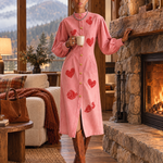 Romantic Western Pink Heart Print Puff Sleeve Button Front Denim Midi Dress