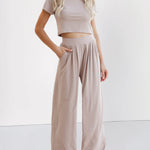 Two Piece Outfit Short Sleeve Crop Top and Wide Leg Pant Set