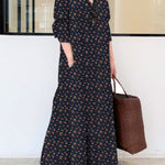 Vintage Printed Lapel Long Sleeve Shirt Maxi Dress