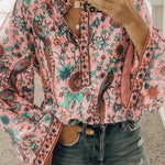Retro floral and bird print bell sleeve V-neck top