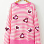 Pink Stripe Sequin Heart Patches Pattern Long Sleeve Valentines Top