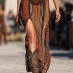 【24-hour shipping out】Western Retro Colorful Striped Knitted Tassel Hooded Slit Maxi Dress