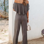 Off Shoulder Jumpsuit Wide Leg Romper Solid Color Summer Short Sleeve Casual Playsuit