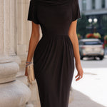 Draped Neckline Short-Sleeve Midi Dress