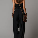 Vacation-style Strapless Pleated Cotton Blend Jumpsuit