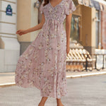 V Neck Short Sleeves Smocked Tiered Mauve Floral Maxi Dress