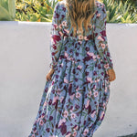 Light Blue Floral Print Ruffle Trim Maxi Dress