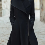 A-Line Long Sleeves Buttoned Pockets Solid Color Zipper Lapel Woolen Coat