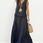 Nadorine Women's Casual Sleeveless V-neck Vest with Elastic Waist Long Flowy Skirt Set