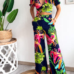 Floral Print V Neck Short Sleeves Crop Top Elastic Waist Wide Leg Pants Set