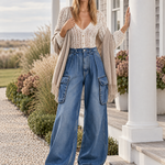 Relaxed Utility High Waist Cargo Pocket Elastic Cuff Balloon Jeans