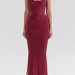Margovil Ruched Strapless Corset and Bodycon Maxi Skirt Set with Scarf