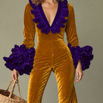 Fashion Party Purple Ruffle Long Sleeve Flared Gold Velvet Jumpsuit