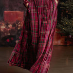 Festive Retro Red Velvet Turtleneck Plaid Skirt Set